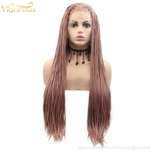 Long straight brown cheap wholesale high quality heat resistant synthetic braided wig with lace front